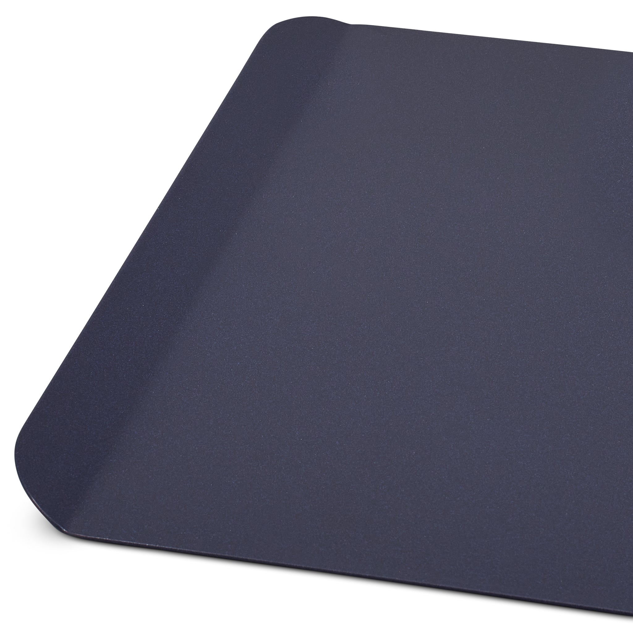 A nonstick, dark gray baking sheet with rounded edges and one raised, curved handle is shown on a white background.