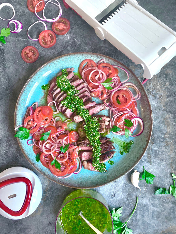 Argentinian Chimichurri Steak, Tomato and Onion salad