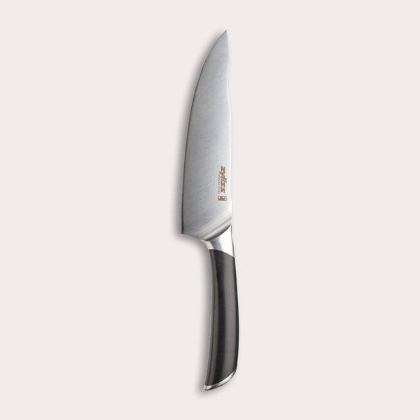 The Zyliss Comfort Pro Chefs Knife 20cm/8, with a German stainless steel blade and a black and silver ergonomic handle, is shown standing vertically on a light, plain background. 