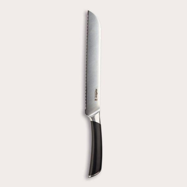 The Zyliss Comfort Pro Bread Knife 20cm/8 features a serrated German stainless steel blade and ergonomic black handle, displayed vertically on a plain light background. 