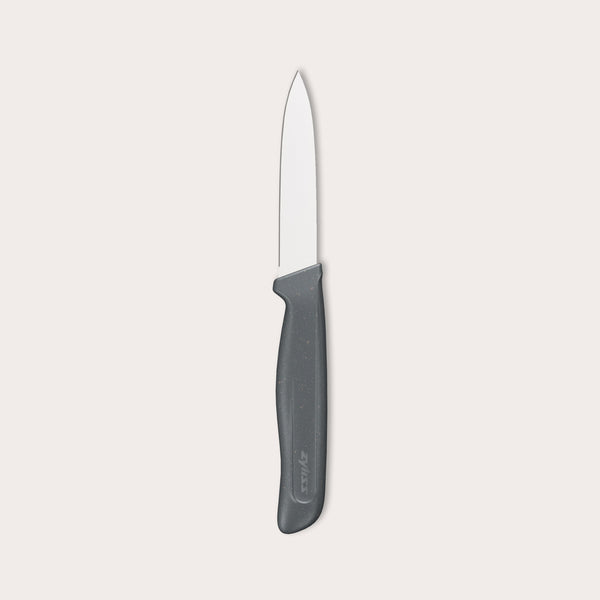 The Zyliss Paring Knife 9cm / 3½ features a shiny silver blade and an eco-friendly handle, shown vertically against a plain off-white background. 