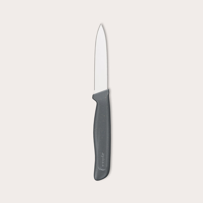 The Zyliss Paring Knife 9cm / 3½ features a shiny silver blade and an eco-friendly handle, shown vertically against a plain off-white background. 