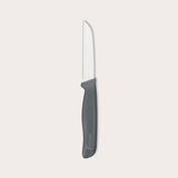 The Zyliss Vegetable Knife 9cm (3½) features a straight, narrow silver blade and a dark gray eco-friendly handle, ideal for precision cutting, shown on a plain light background. 