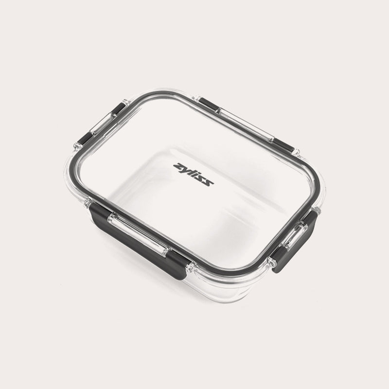 A rectangular clear Zyliss Glass Container for meal prep features a transparent lid with four black locking clips, Zyliss printed in black on the lid, all shown against a plain light background. #1.05L/1.1qt