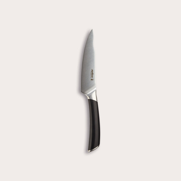 The Zyliss Comfort Pro Utility Knife 14cm (5½) features a sharp German stainless steel blade and a black ergonomic handle, showcased against a plain light background. 