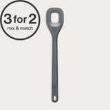 A long-handled, grey Zyliss Square Mixing Spoon made from heat-resistant silicone with a hole in the center is shown—an eco-friendly kitchen essential. A circular label at the top left displays 3 for 2 mix & match.