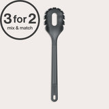 A Zyliss Spaghetti Server, black with a portion control hole in the center, is shown upright against a light background. A circular 3 for 2 mix & match label appears in bold text at the top left corner.
