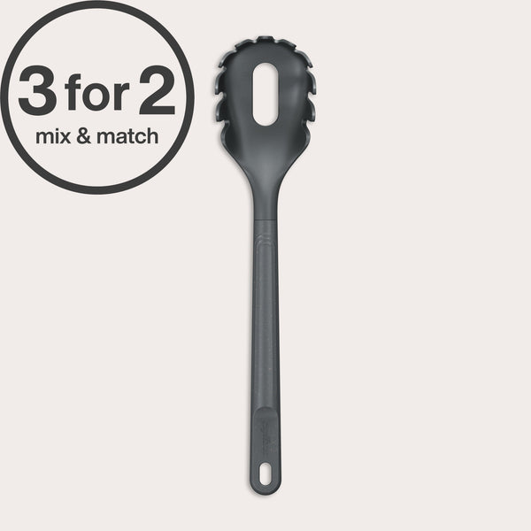 A Zyliss Spaghetti Server, black with a portion control hole in the center, is shown upright against a light background. A circular 3 for 2 mix & match label appears in bold text at the top left corner.