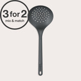 The Zyliss Skimmer, a black heat-resistant slotted spoon, is shown against a light background. A circular label in the top left says “3 for 2 mix & match” in bold and regular fonts.