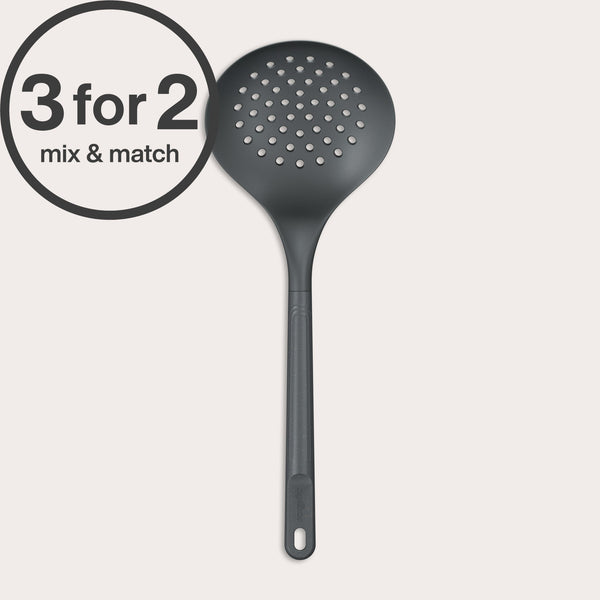 The Zyliss Skimmer, a black heat-resistant slotted spoon, is shown against a light background. A circular label in the top left says “3 for 2 mix & match” in bold and regular fonts.