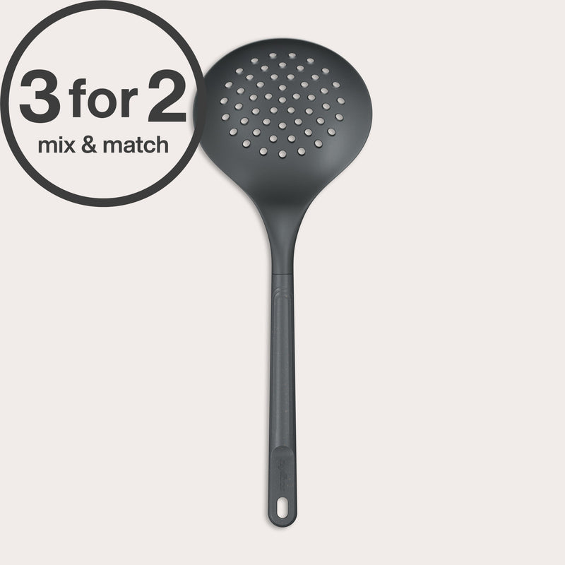 The Zyliss Skimmer, a black heat-resistant slotted spoon, is shown against a light background. A circular label in the top left says “3 for 2 mix & match” in bold and regular fonts.