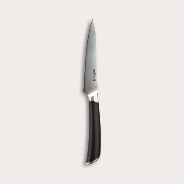 The Zyliss Comfort Pro Serrated Paring Knife 11cm, featuring a German stainless steel blade and ergonomic black handle, is displayed vertically against a plain light background. 